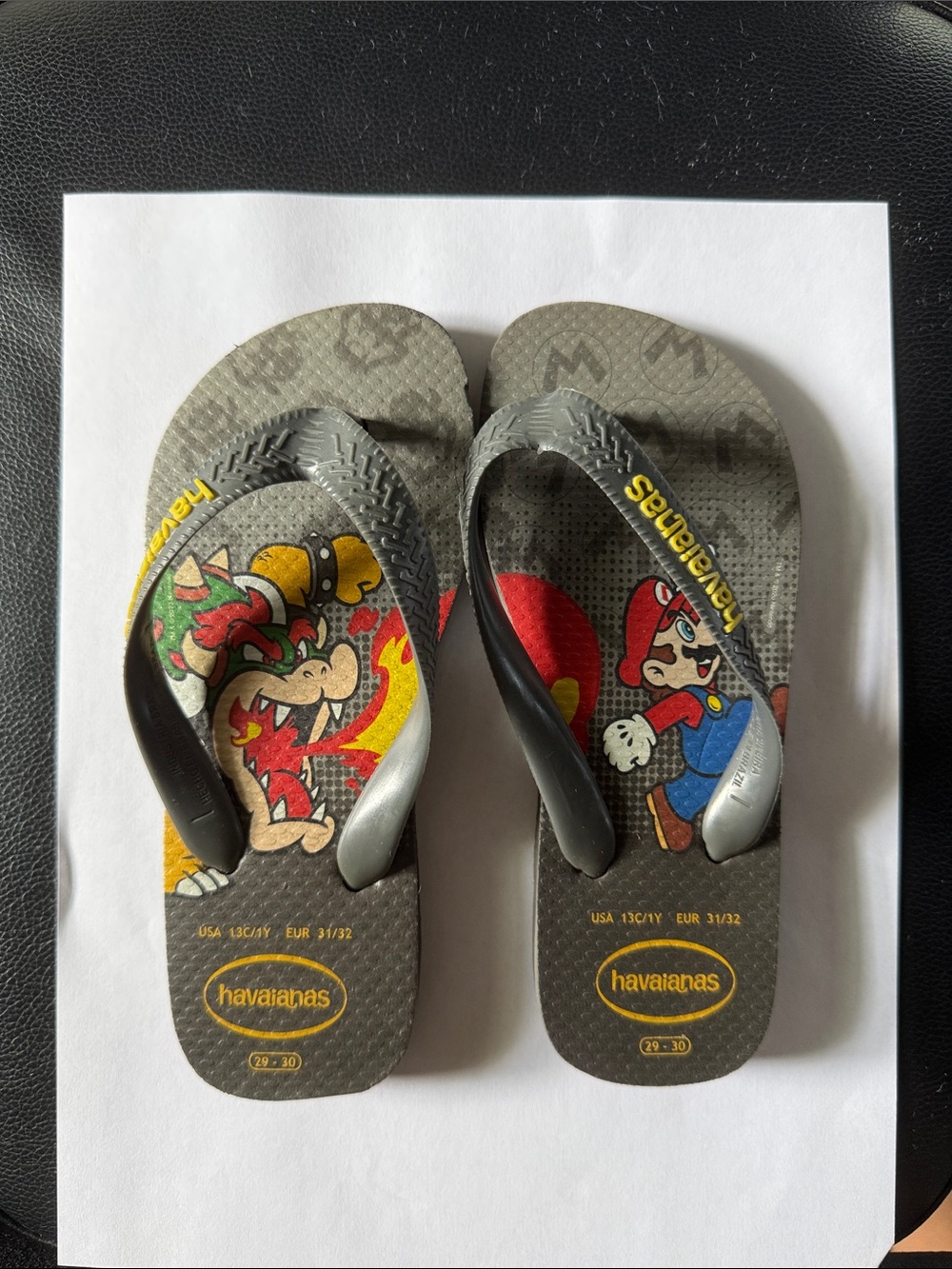 Havaianas Super Mario & Bowser Gray Flip Flops with Red, Blue & Yellow